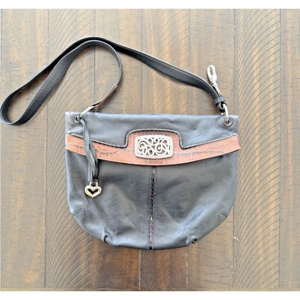 BRIGHTON Vintage SKRIBBLE E04875 Black Leather Fold Over Top Hobo Shoulder Bag